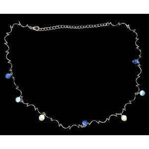 Retro Blue And Yellow Cateye Beaded Silver Tone Wiggly Chain Necklace